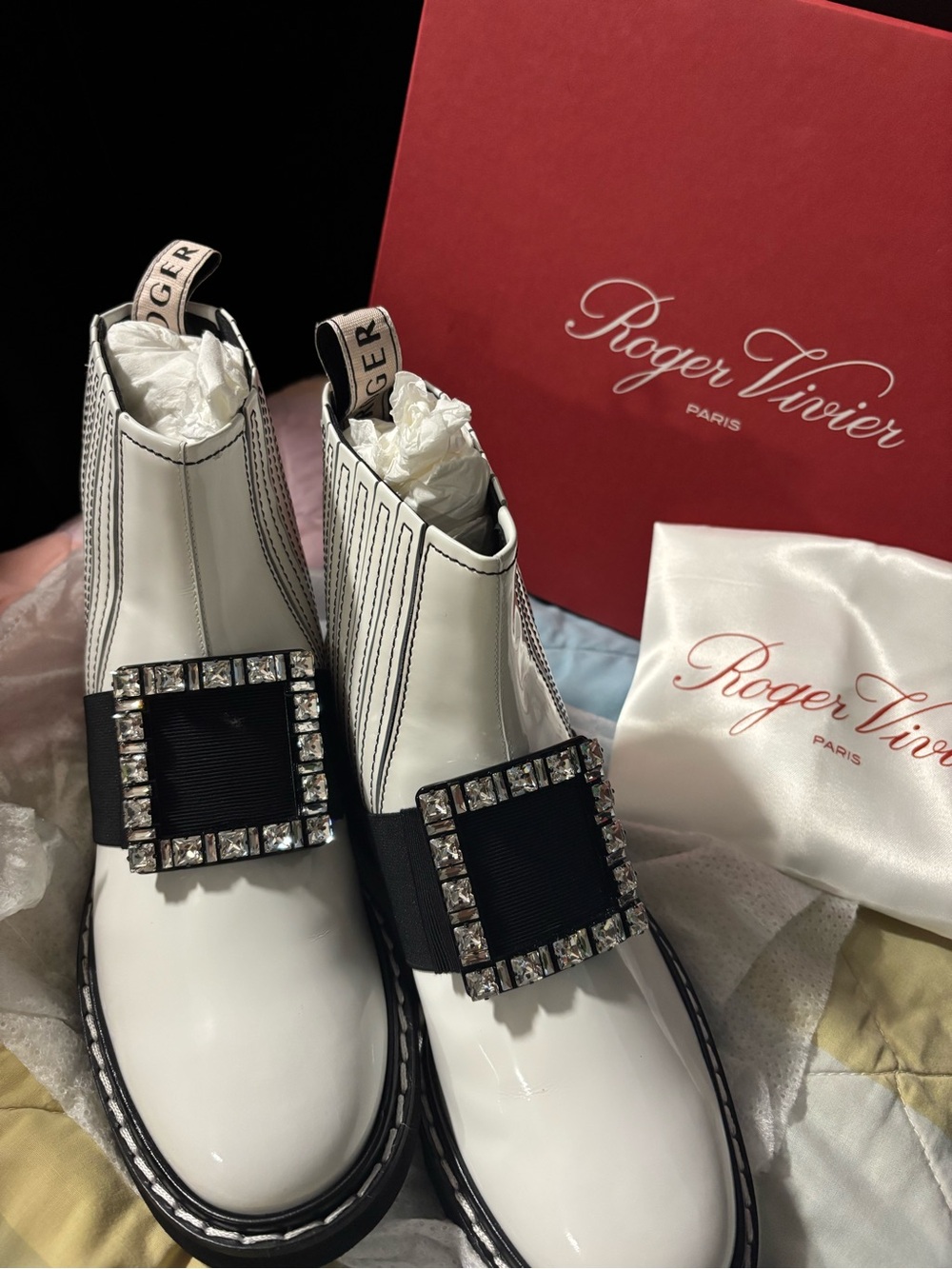 Roger Vivier White Patent Leather Crystal-Buckle Chelsea Booties